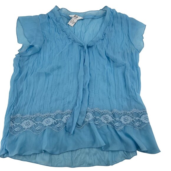 S.L.B. Womens XL Blue Lace Trim Blouse Crinkle Chiffon Y2K Style Short Sleeve - Picture 1 of 6